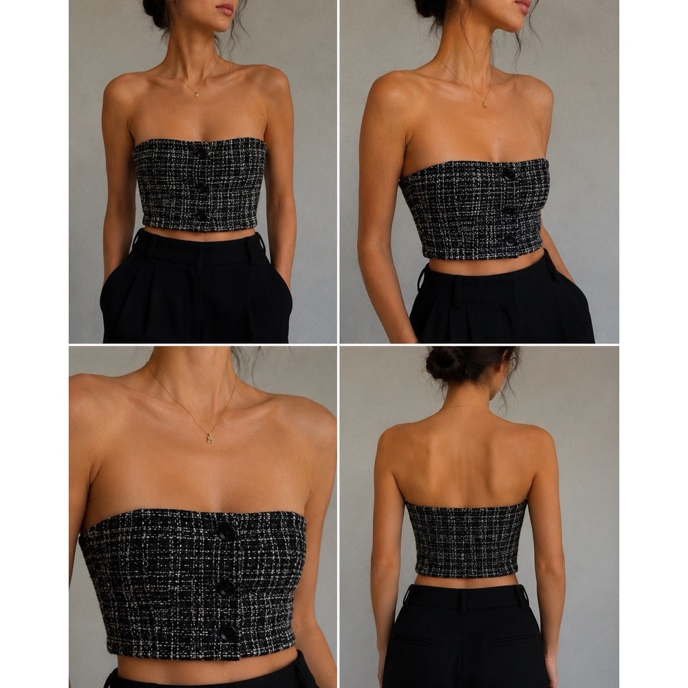 More To Come Tweed Strapless Corset Tube Top Black White XS
